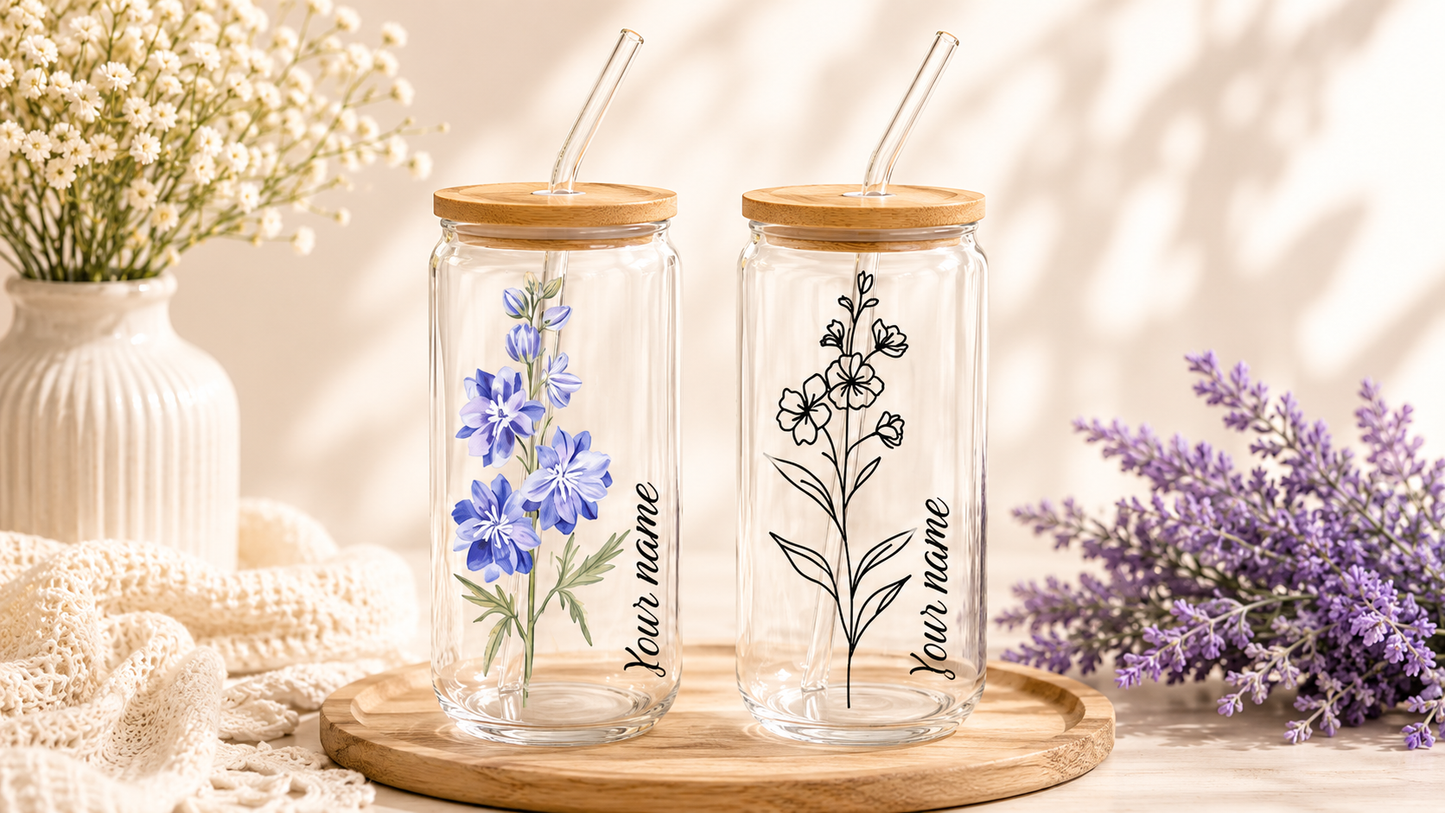Larkspur birth flower glass can (July)