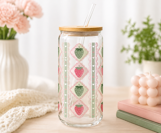 Vintage strawberry lace glass can